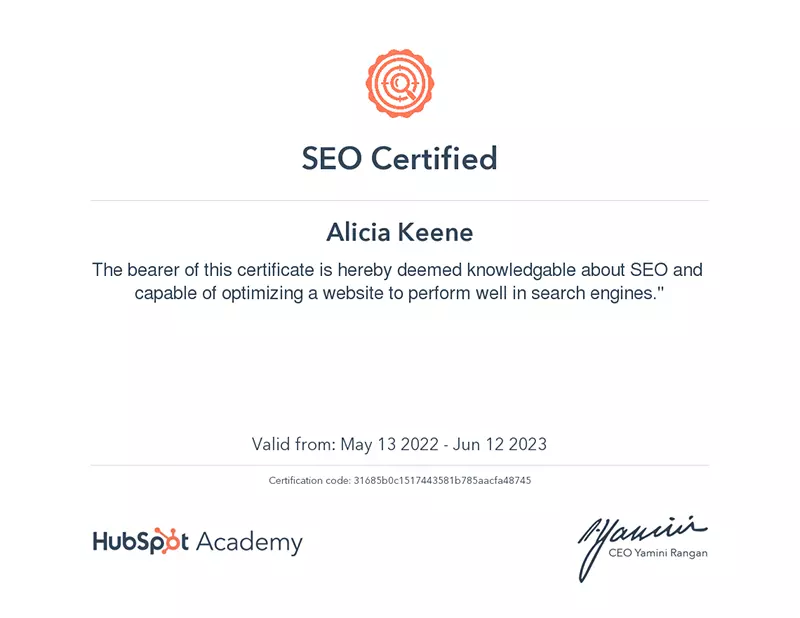 Alicia-Keene-HubSpot-SEO-Certification